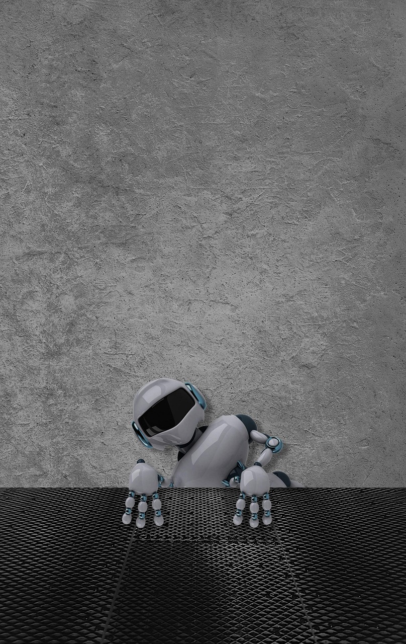 robot, android, technology, climbing, grate, floor, metal, ledge, wall, stone, concrete, copy space, digital